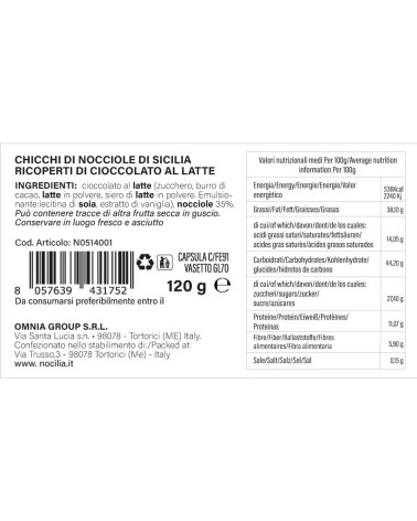 Nocilia | Chicchi di Nocciole ricoperti di Cioccolato al Latte | Vasetto 120g
